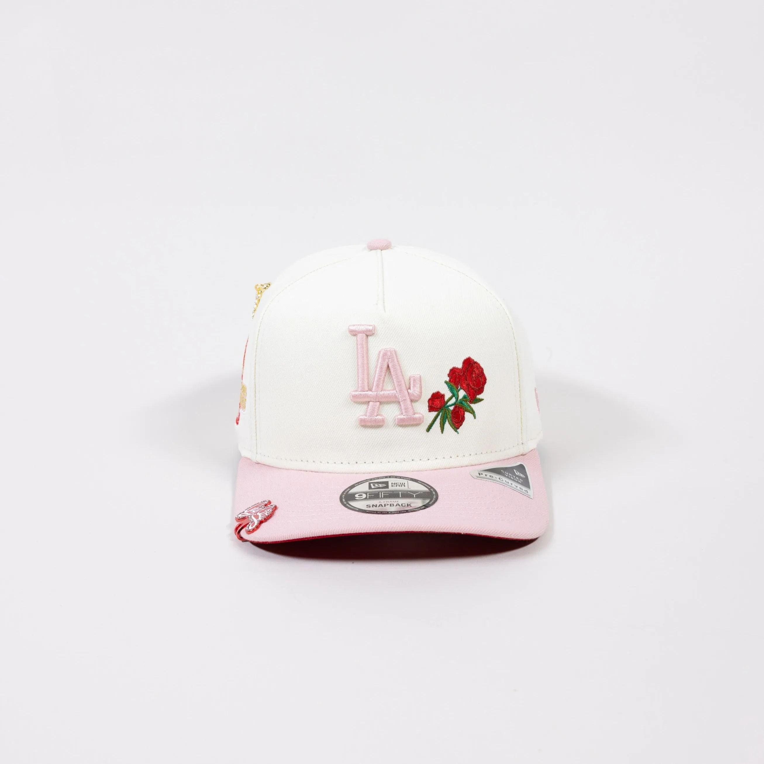 NEW ERA EXCLUSIVE 9FIFTY A-FRAME CHROME/ SOFT PINK LOS ANGELES DODGERS SNAPBACK W/ 2024 WORLD SERIES CHAMPIONS SIDE PATCH-Maverick
