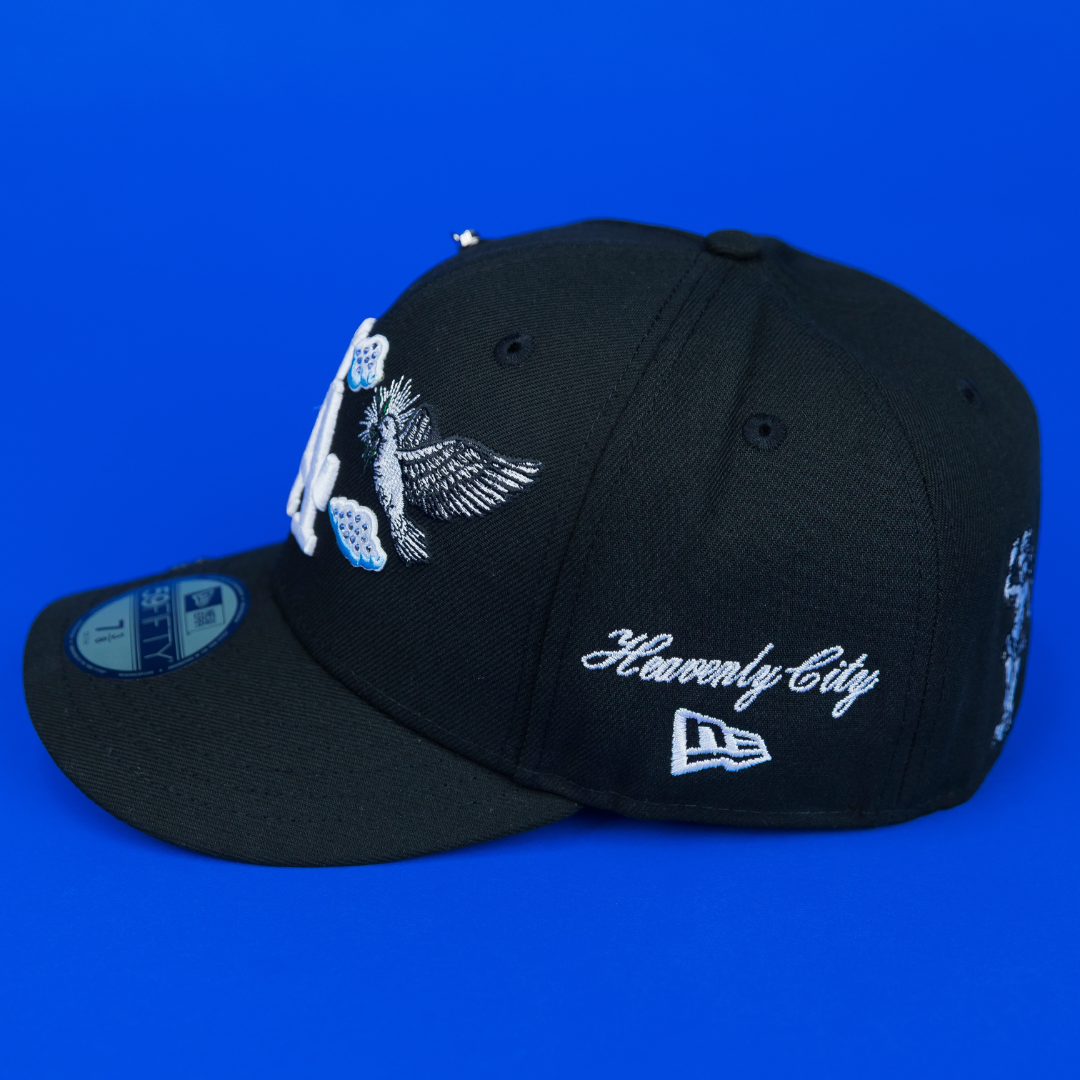 NEW ERA EXCLUSIVE 59FIFTY BLACK LOS ANGELES DODGERS "HEAVENLY CITY" W/ 50TH ANNIVERSARY SIDE PATCH-Maverick