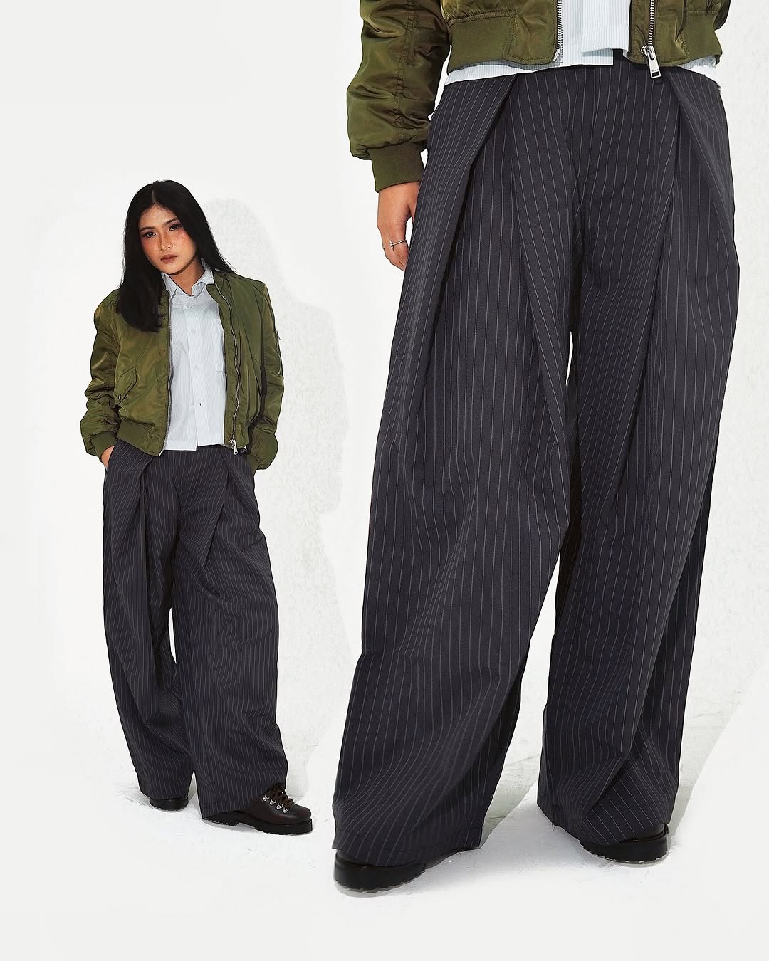 Striped double pleated trousers