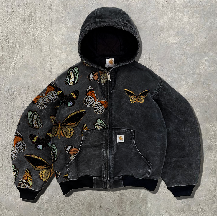 Street Butterfly Pattern Distressed Zipper Thick Jacket-Maverick