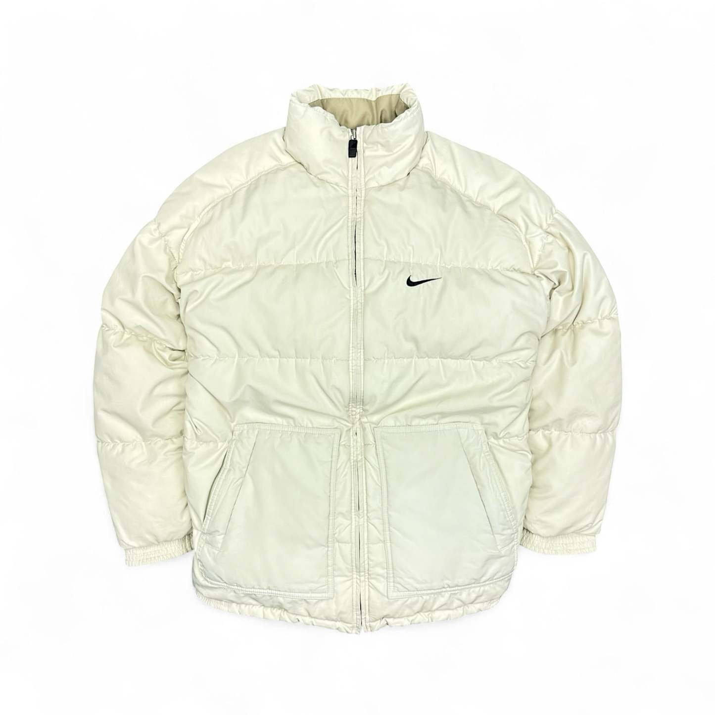 Vintage 90s Rare Center-Swoosh Puffer Jacke Beige-Maverick