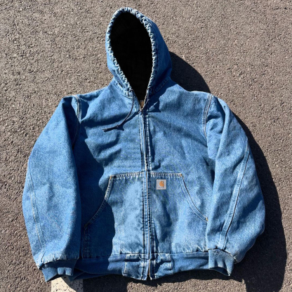 Faux Denim Solid Color Long Sleeve Zipper Hooded Jacket-Maverick