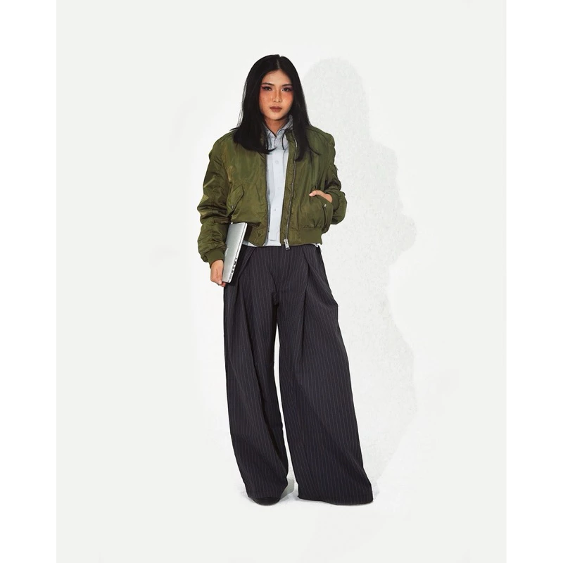 Striped double pleated trousers