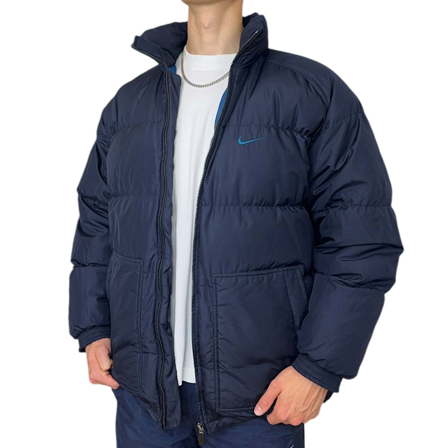 Vintage 90s Center-Swoosh Pufferjacke Navy-Maverick