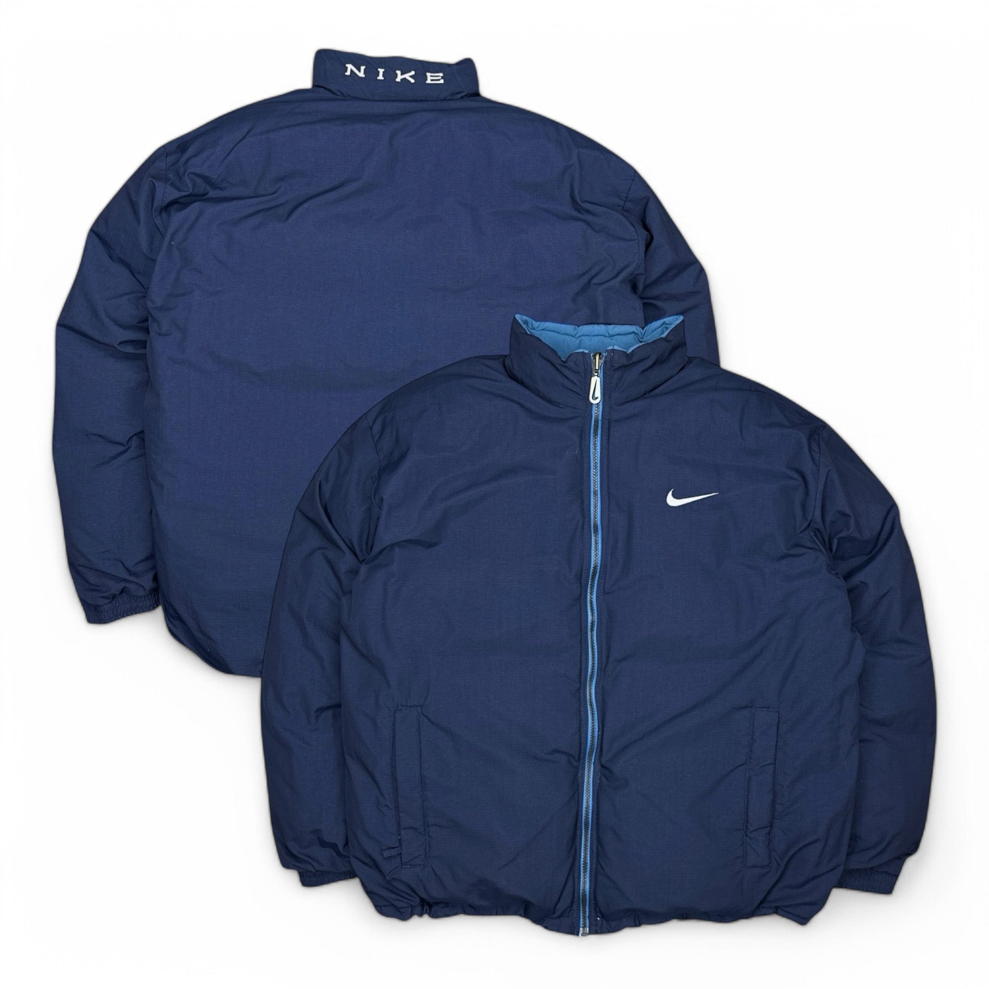 Vintage 90s Rare Down Spellout Pufferjacke Blau-Maverick