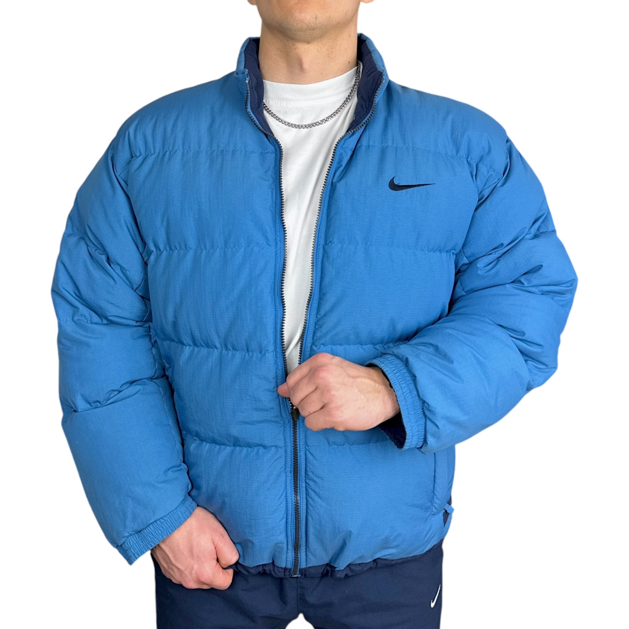 Vintage 90s Rare Down Spellout Pufferjacke Blau-Maverick