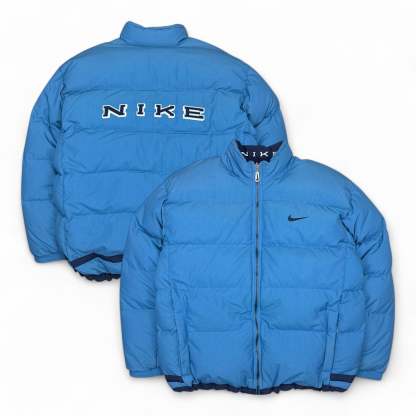 Vintage 90s Rare Down Spellout Pufferjacke Blau-Maverick