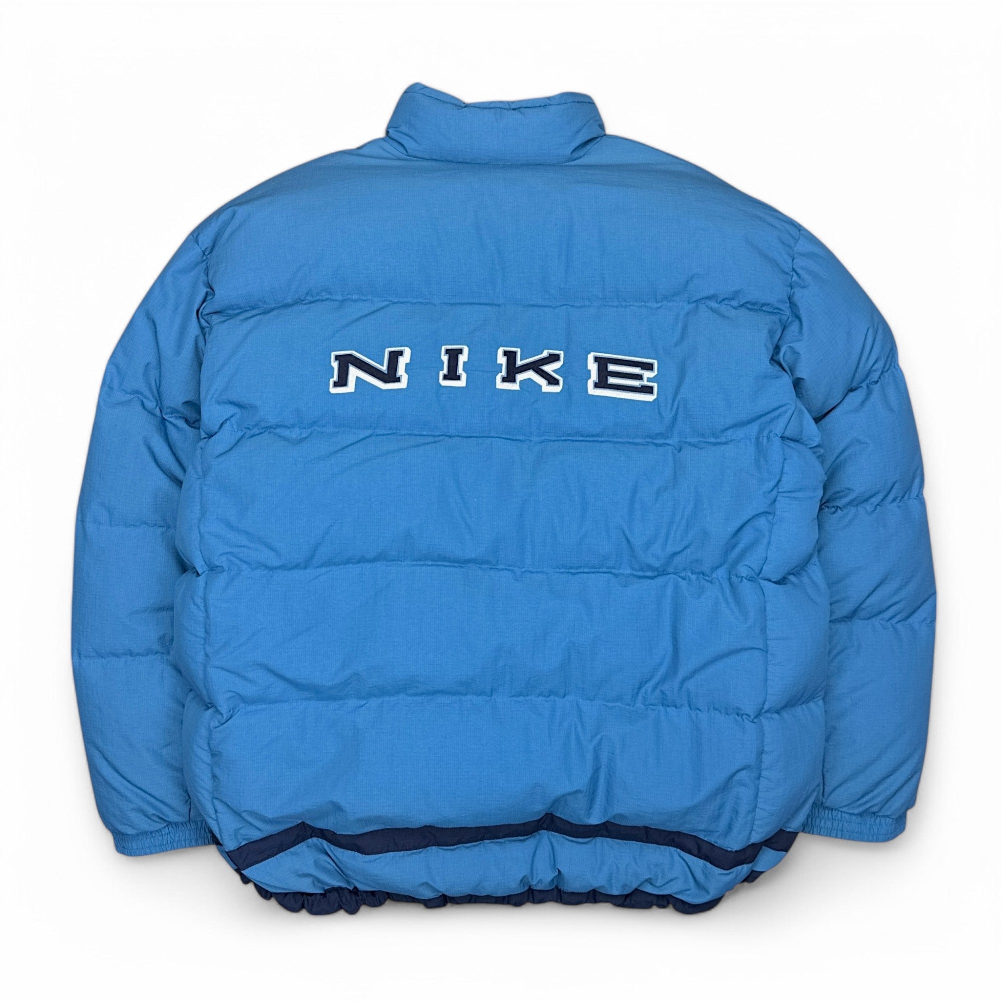 Vintage 90s Rare Down Spellout Pufferjacke Blau-Maverick