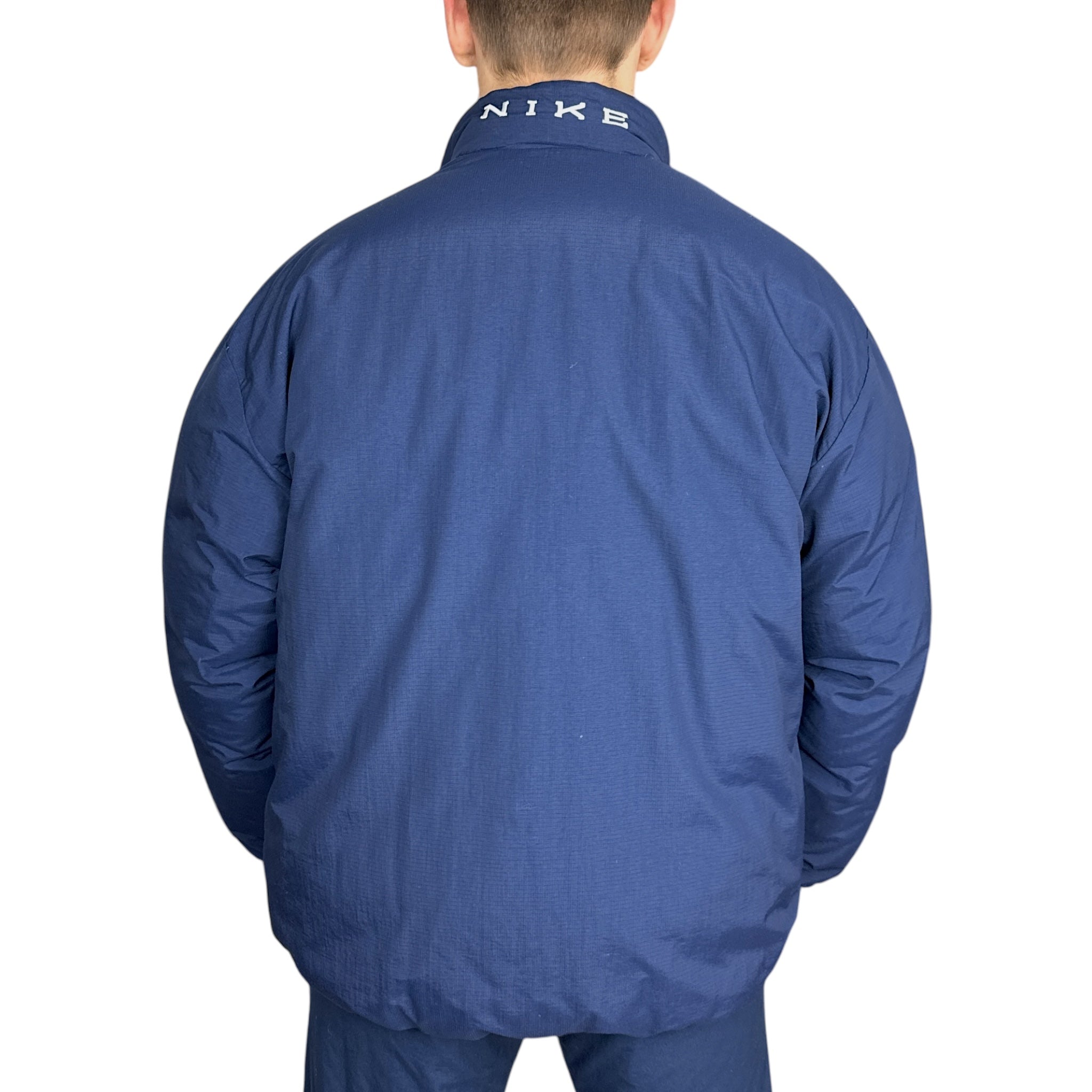 Vintage 90s Rare Down Spellout Pufferjacke Blau-Maverick