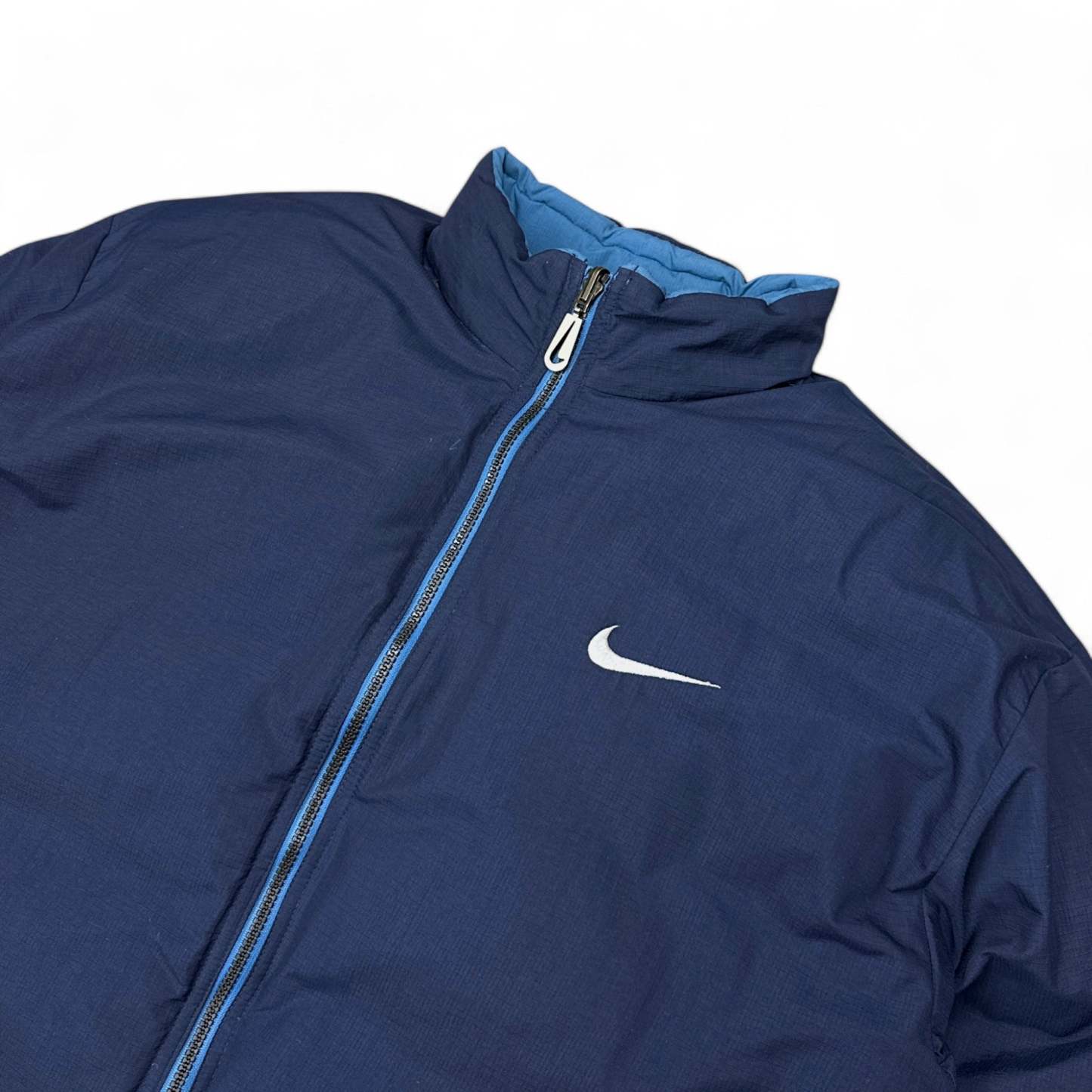 Vintage 90s Rare Down Spellout Pufferjacke Blau-Maverick