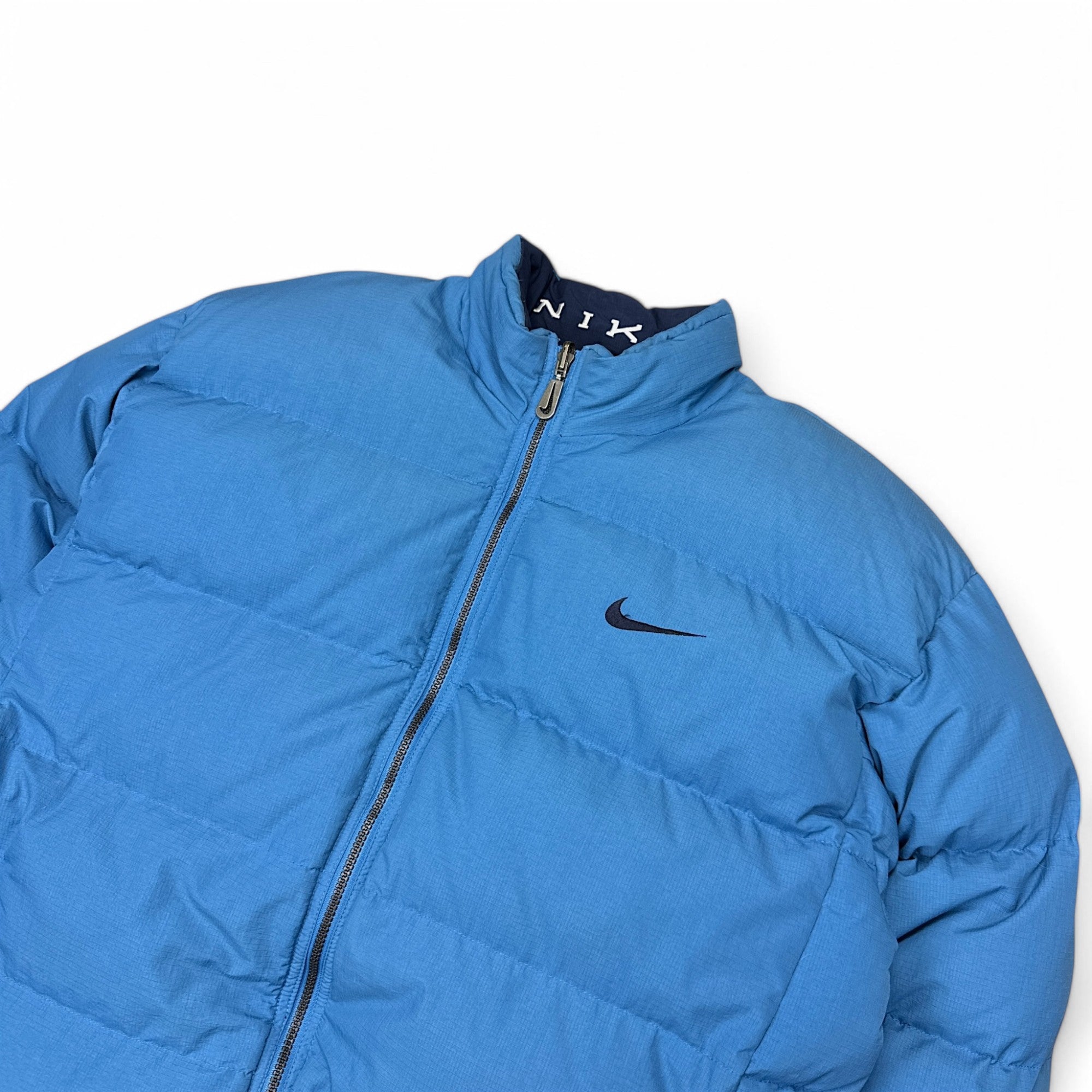 Vintage 90s Rare Down Spellout Pufferjacke Blau-Maverick