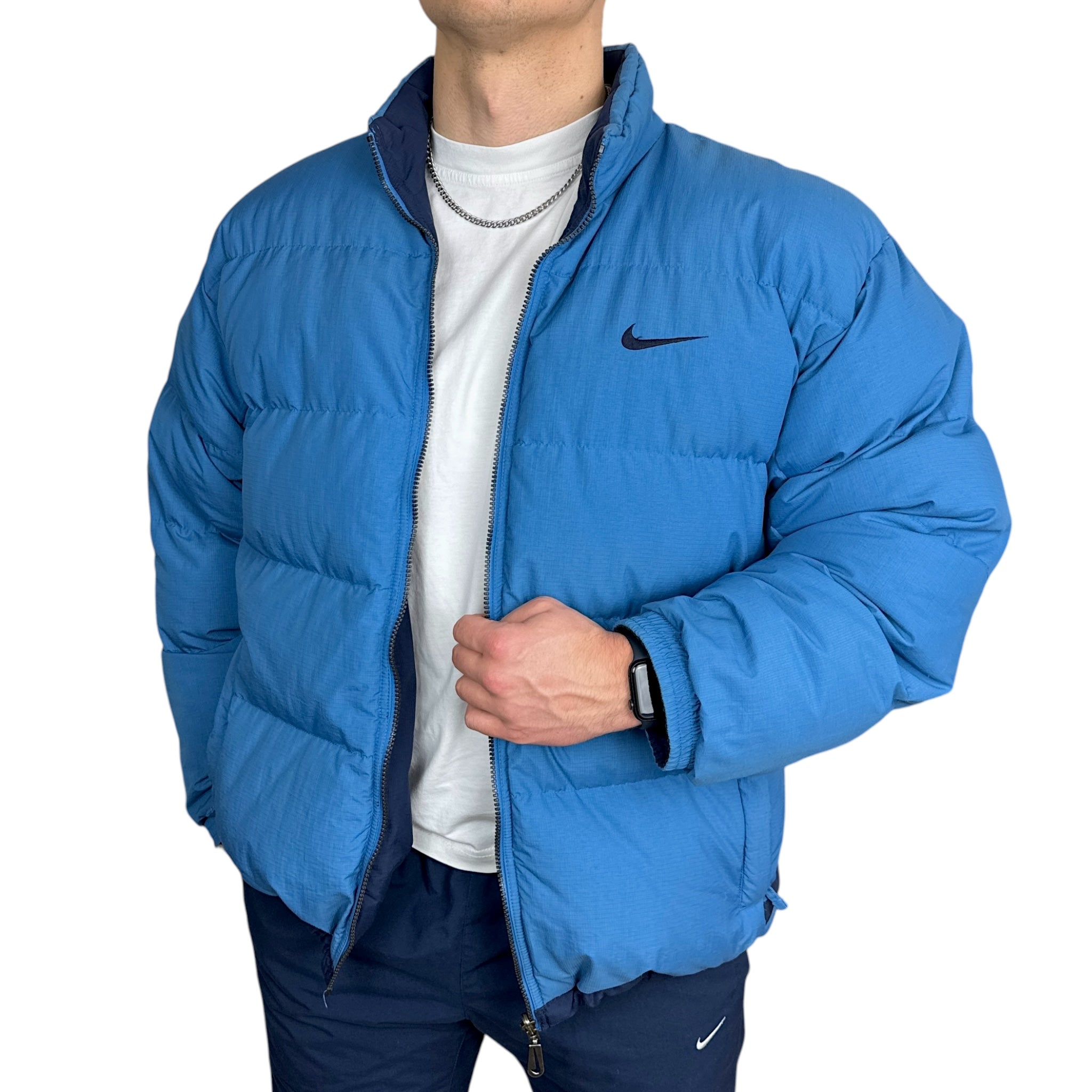 Vintage 90s Rare Down Spellout Pufferjacke Blau-Maverick