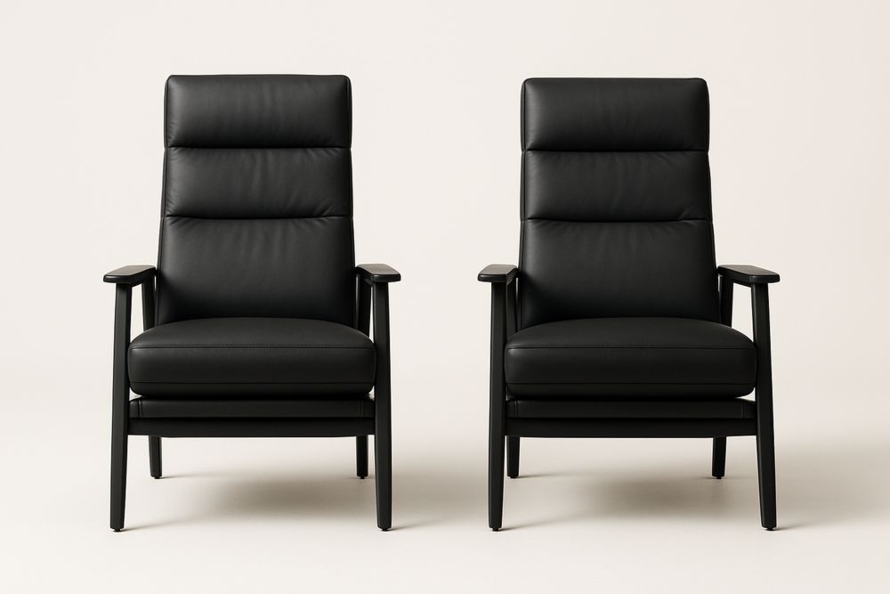 Fekete bőr karosszék szett fa szerkezettel