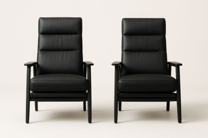 Fekete bőr karosszék szett fa szerkezettel