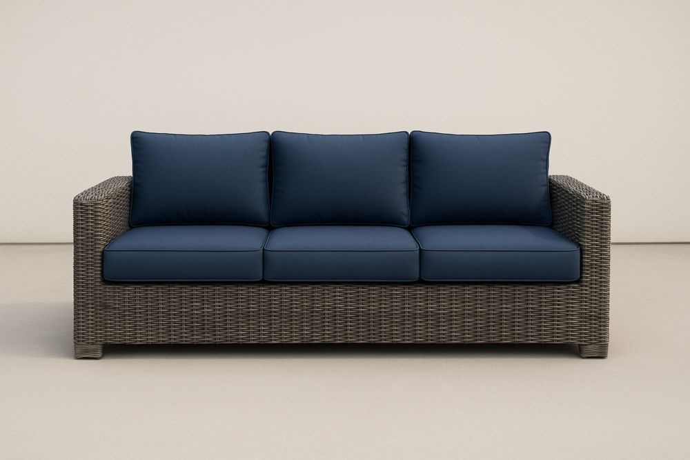 Háromszemélyes kerti rattan kanapé kék huzattal