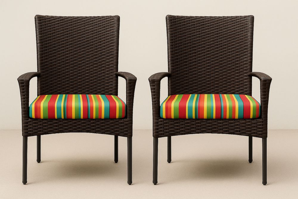 Műrattan kerti szék színes csíkos párnákkal, 2 darabos készlet