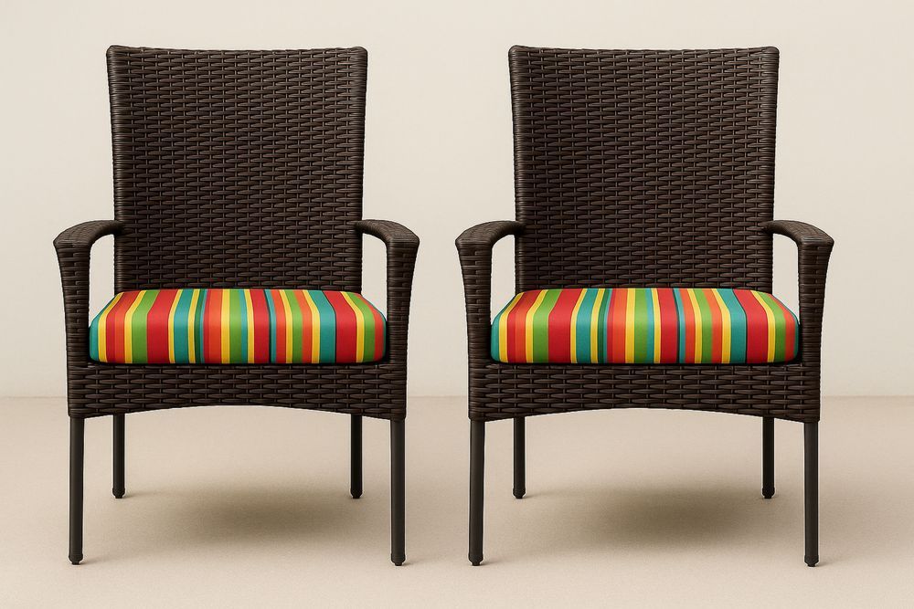 Műrattan kerti szék színes csíkos párnákkal, 2 darabos készlet