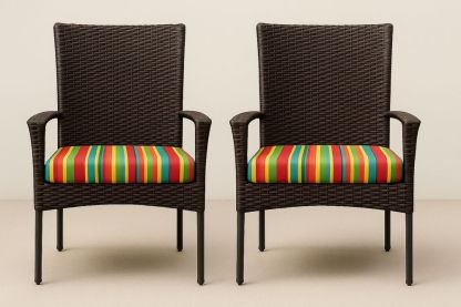 Műrattan kerti szék színes csíkos párnákkal, 2 darabos készlet
