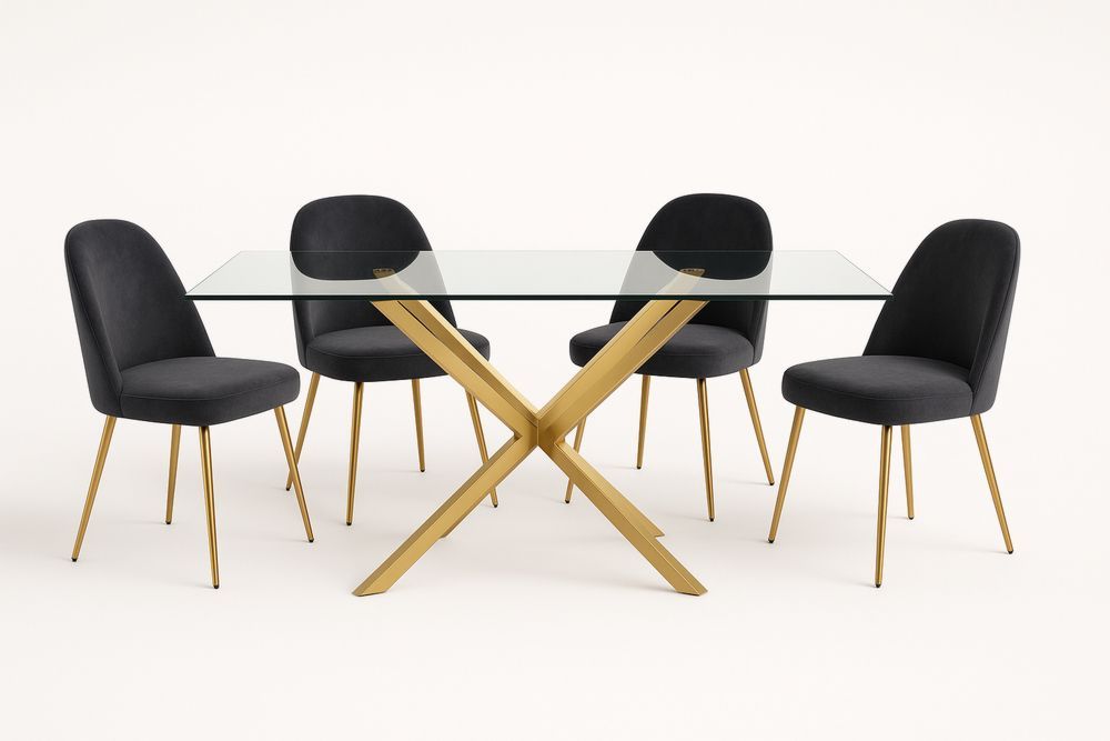 Étkezőasztal szett edzett üveggel 4 székkel acél lábakkal