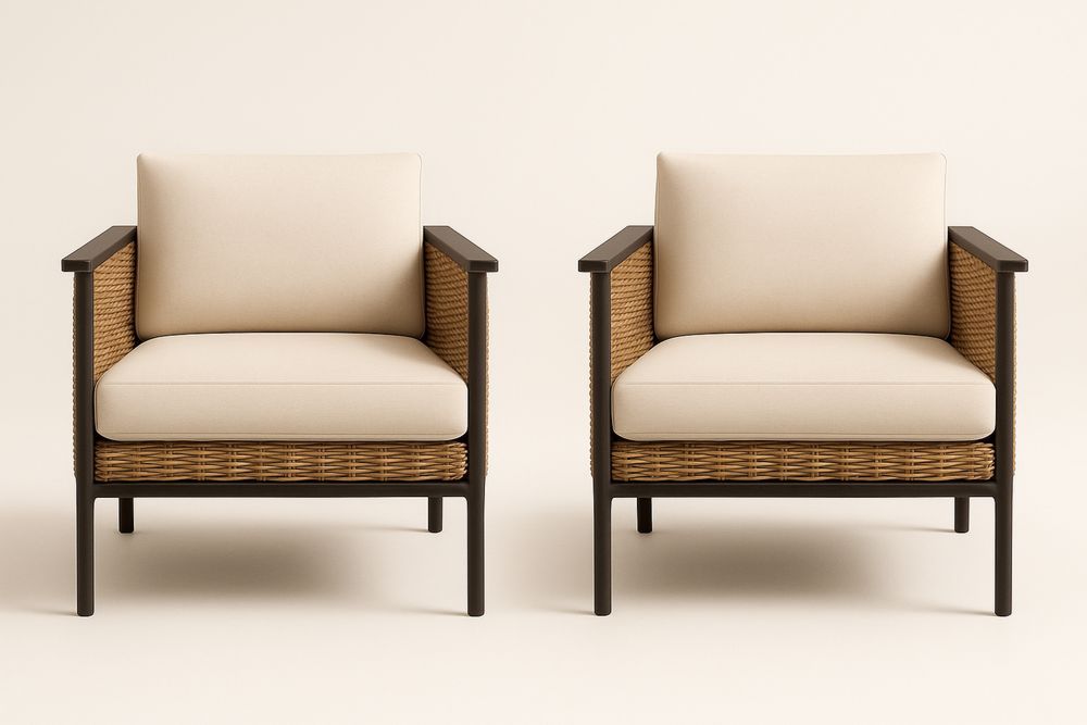 Bézs-fekete rattan kültéri fotel szett fém vázzal, 2 darab