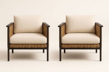 Bézs-fekete rattan kültéri fotel szett fém vázzal, 2 darab