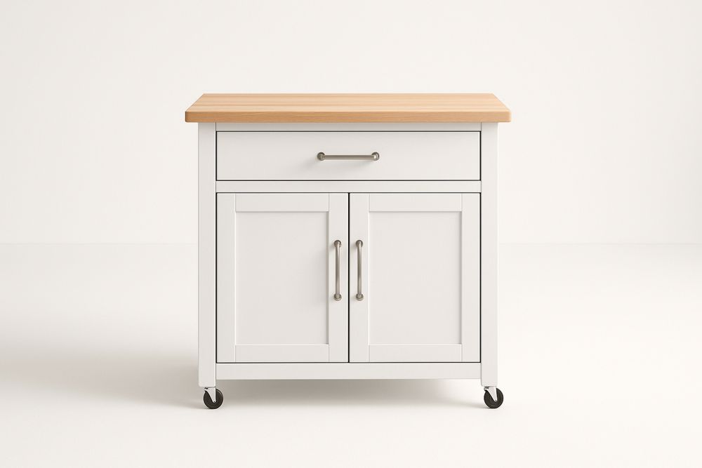 Fehér konyhai tárolókocsi bükkfa asztallappal