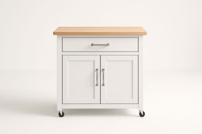 Fehér konyhai tárolókocsi bükkfa asztallappal