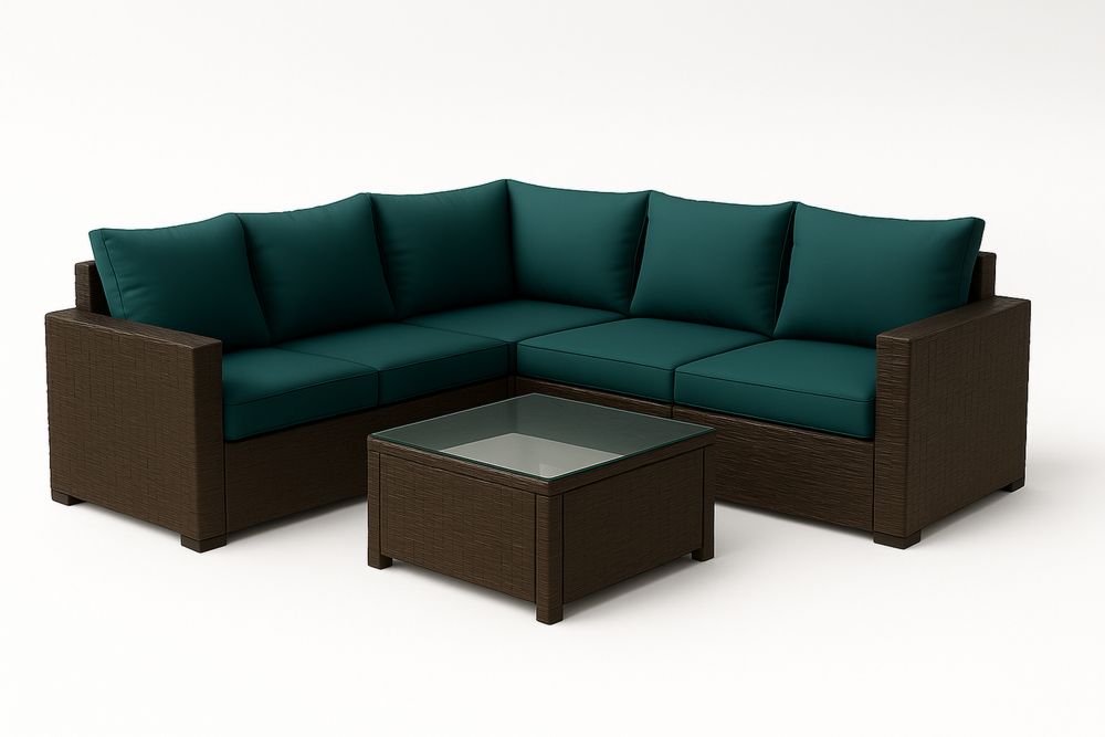 Sarok Rattan Kerti Bútor Ülőgarnitúra Üvegasztal Szett Sötétzöld Barna