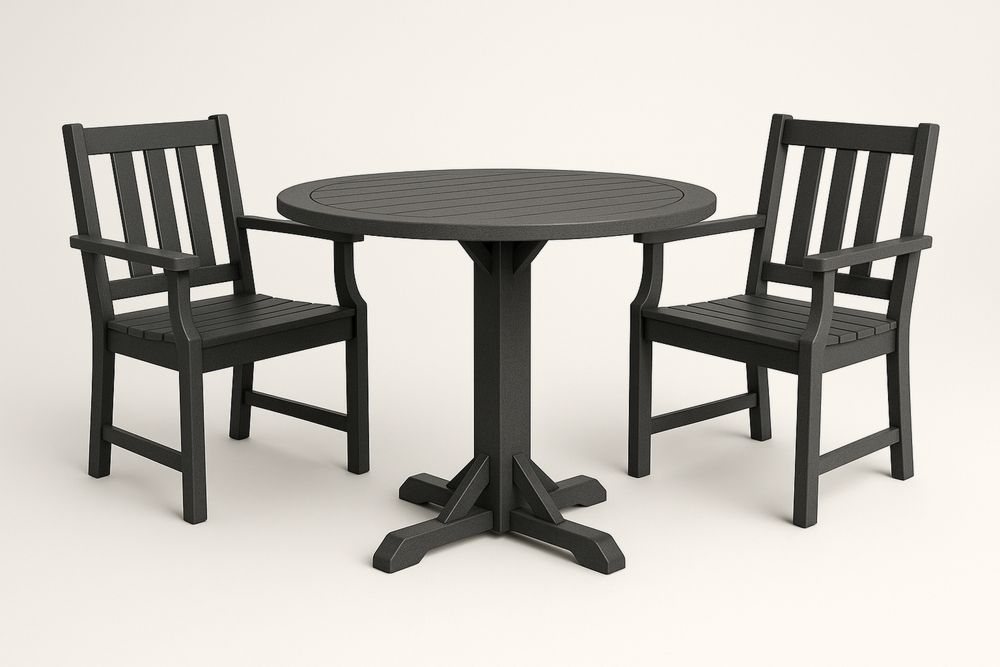 Polietilén kerti garnitúra kerek asztallal és két székkel fekete