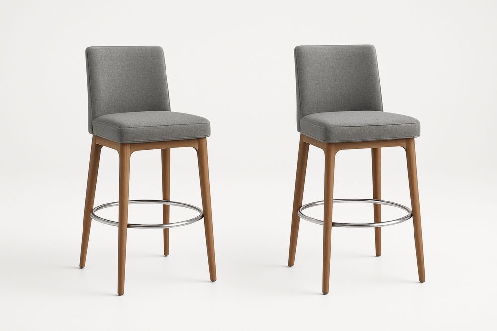 Szürke bárszék szett fa lábakkal és szövet kárpitozással