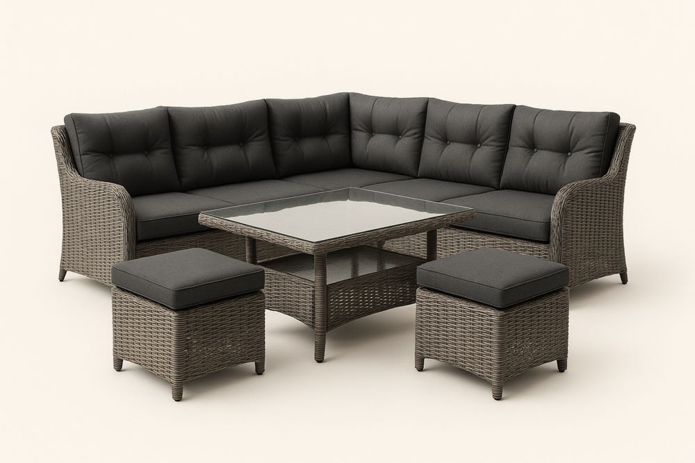 Rattan kerti sarokkanapé készlet 4 darabos edzett üveglapos asztallal Szürke