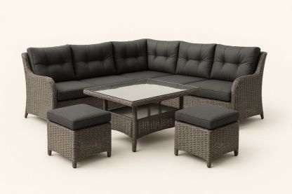 Rattan kerti sarokkanapé készlet 4 darabos edzett üveglapos asztallal Szürke