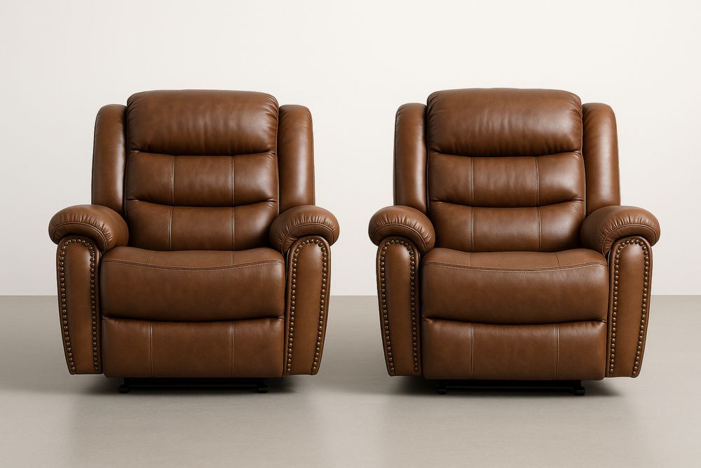 Barna bőr fotel szett 2 db, dönthető, párnázott, tömör fa vázzal