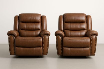 Barna bőr fotel szett 2 db, dönthető, párnázott, tömör fa vázzal