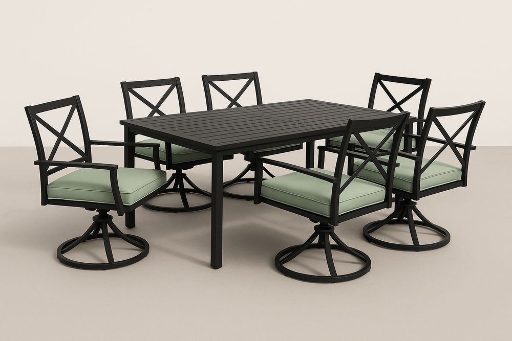 Alumínium kerti étkezőasztal szett 6 forgószékkel zöld párnákkal