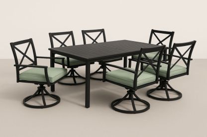 Alumínium kerti étkezőasztal szett 6 forgószékkel zöld párnákkal