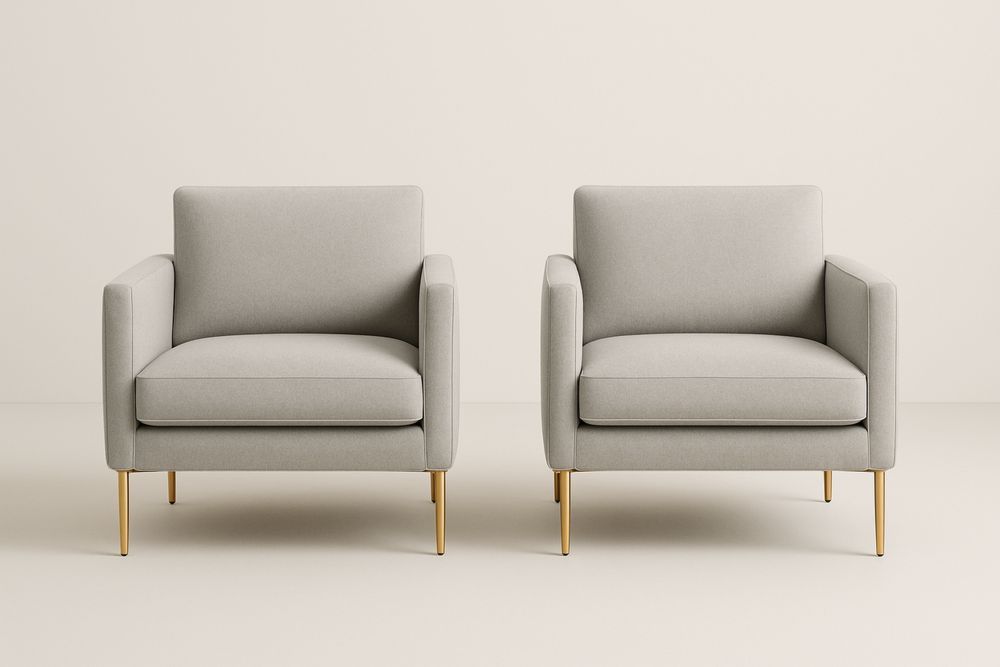 Két darabos karosszék szett szürke poliészter huzattal és aranyszínű fém lábakkal