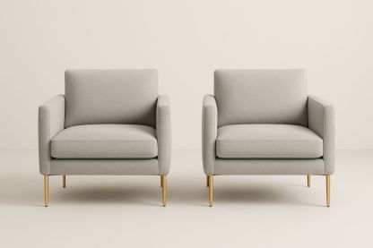 Két darabos karosszék szett szürke poliészter huzattal és aranyszínű fém lábakkal