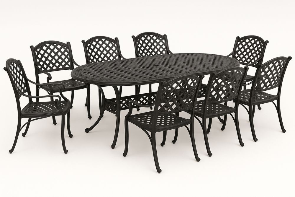 Ovális kerti étkezőasztal szett 8 székkel öntött alumíniumból fekete