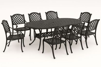 Ovális kerti étkezőasztal szett 8 székkel öntött alumíniumból fekete