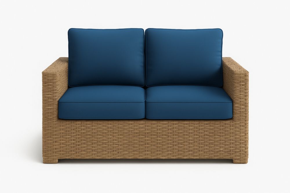 Kétszemélyes rattan kanapé kék poliészter párnákkal