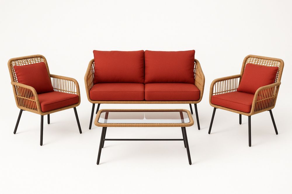 Kültéri fonott ülőgarnitúra szett üveg asztallappal és vörös párnákkal