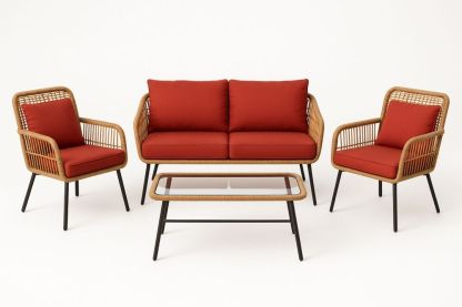 Kültéri fonott ülőgarnitúra szett üveg asztallappal és vörös párnákkal