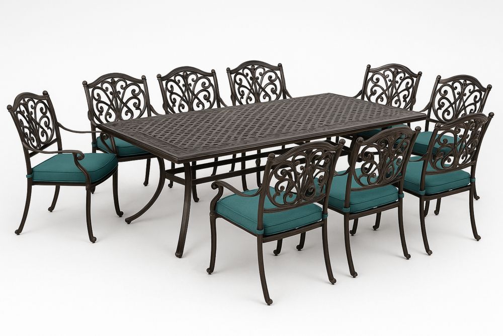 Fém kerti étkezőasztal készlet 9 székkel, hálós toppal és türkiz párnákkal
