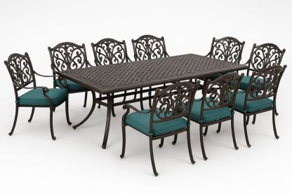 Fém kerti étkezőasztal készlet 9 székkel, hálós toppal és türkiz párnákkal