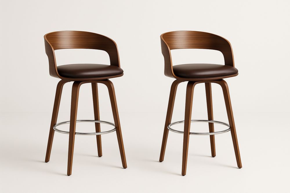 Barna fa bársék készlet kerek PU bőr üléssel és krómozott lábtartóval