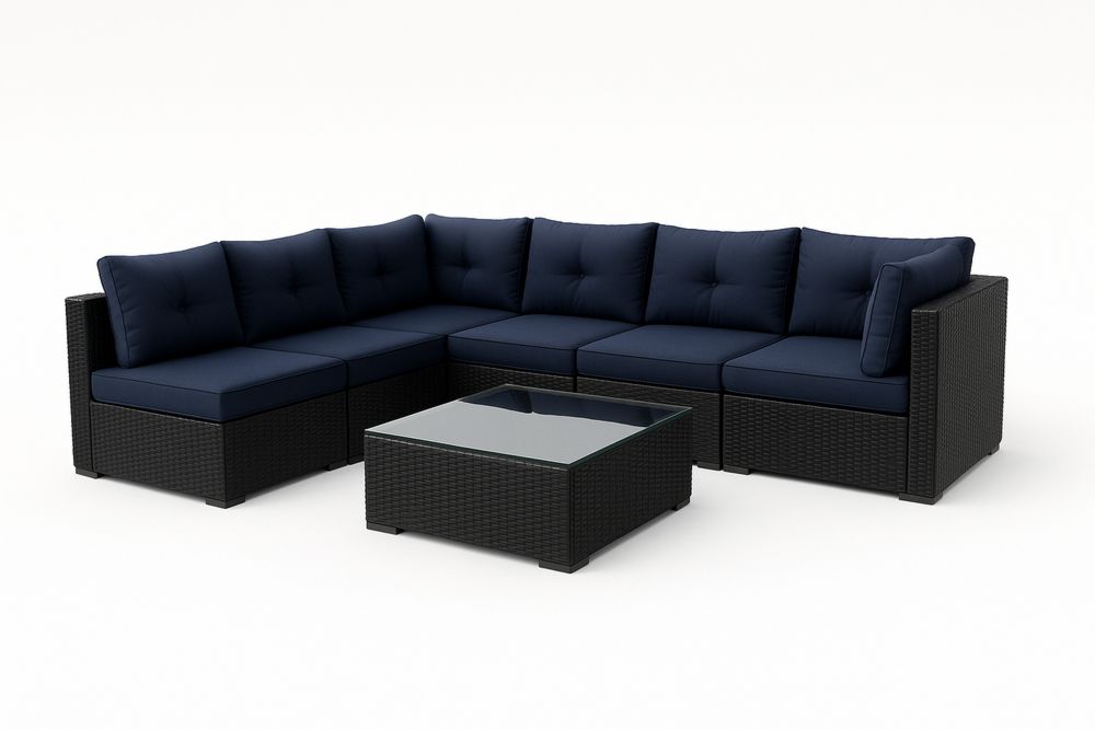 Sarok kerti kanapé szett polietilén rattan fekete/kék párnákkal edzett üvegasztallal