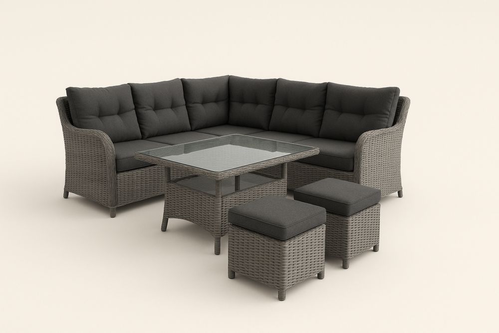 Kerti sarokgarnitúra alumínium rattan és üvegasztallal