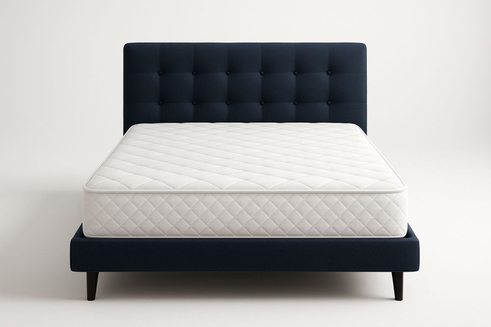 Textilezett ágykeret matraccal és fejtámlával, 200x160 cm, fehér/kék