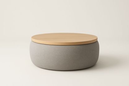 Kerek dohányzóasztal textil kárpitozással és fa asztallappal szürke 80 cm